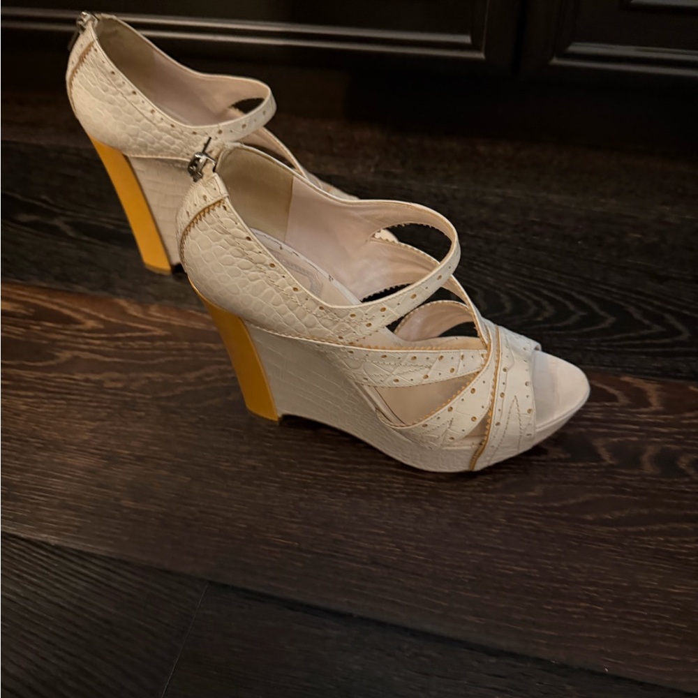 Dior White Croc-Embossed Wedge Sandals with Yellow Heel - Picture 3 of 3